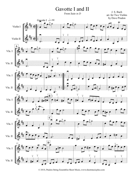 Bach Gavotte I And Ii For Two Violins Sheet Music