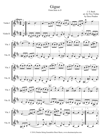 Free Sheet Music Bach Gigue For Two Violins