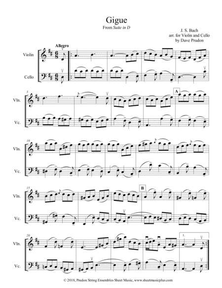 Bach Gigue For Violin And Cello Duo Sheet Music