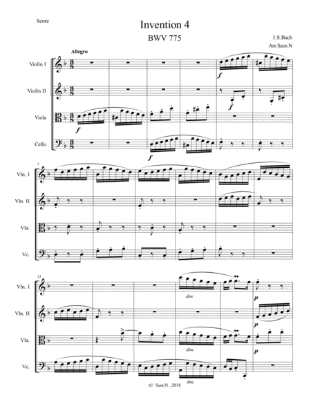 Bach Invention 4 For String Quartet Sheet Music