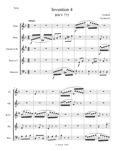 Bach Invention 4 For Woodwind Quintet Sheet Music