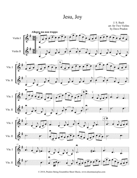 Free Sheet Music Bach Jesu Joy For Two Violins