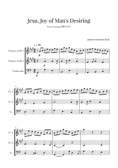 Bach Jesu Joy Of Mans Desiring For 2 Clarinets And Cello Sheet Music