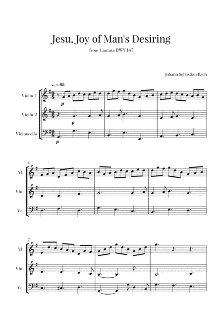 Bach Jesu Joy Of Mans Desiring For 2 Violins And Cello Sheet Music