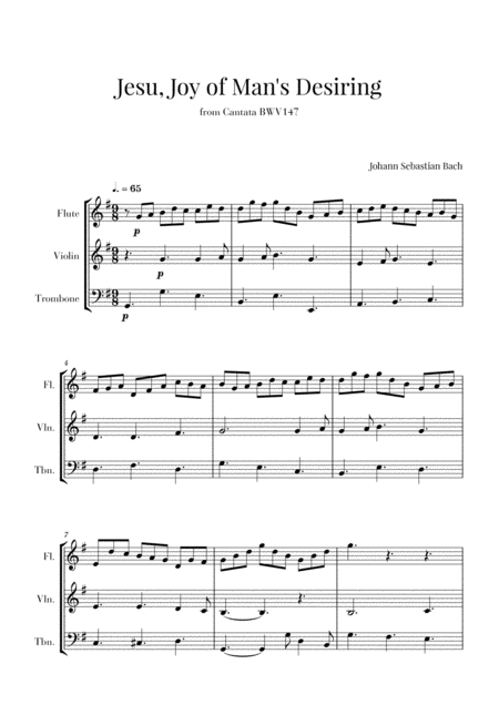 Free Sheet Music Bach Jesu Joy Of Mans Desiring For Flute Violin And Trombone