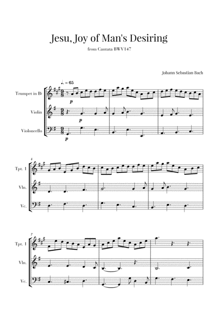 Bach Jesu Joy Of Mans Desiring For Trumpet Violin And Cello Sheet Music