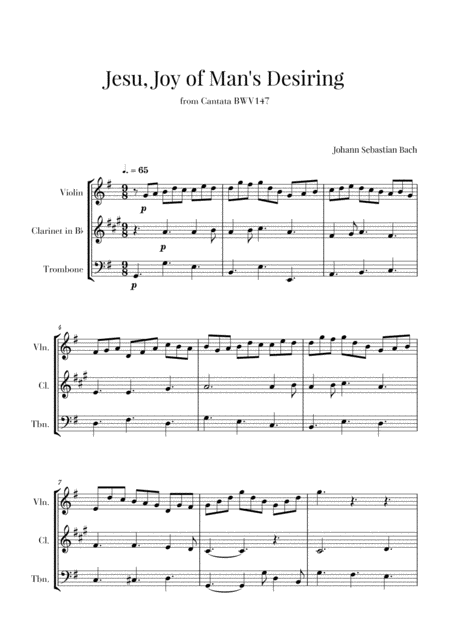 Bach Jesu Joy Of Mans Desiring For Violin Clarinet And Trombone Sheet Music