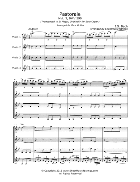 Bach Js Pastorale In F For Four Violins Sheet Music