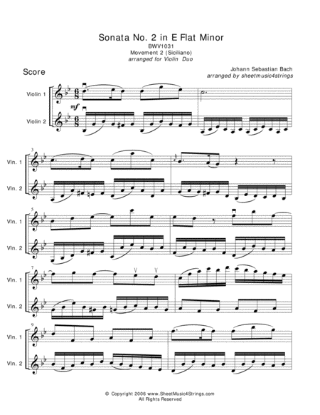 Bach Js Siciliano For Two Violins Sheet Music