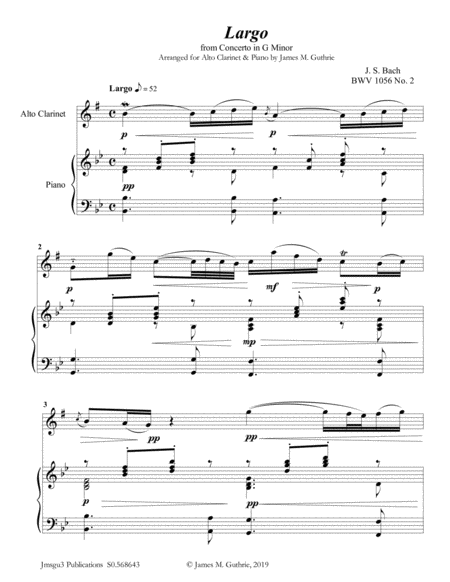 Bach Largo From Concerto Bwv 1056 For Alto Clarinet Piano Sheet Music