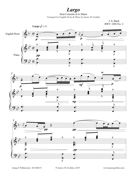 Bach Largo From Concerto Bwv 1056 For English Horn Piano Sheet Music