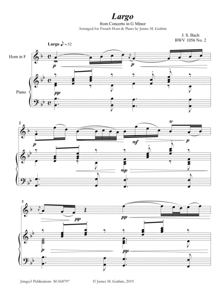 Bach Largo From Concerto Bwv 1056 For French Horn Piano Sheet Music