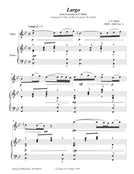 Free Sheet Music Bach Largo From Concerto Bwv 1056 For Oboe Piano