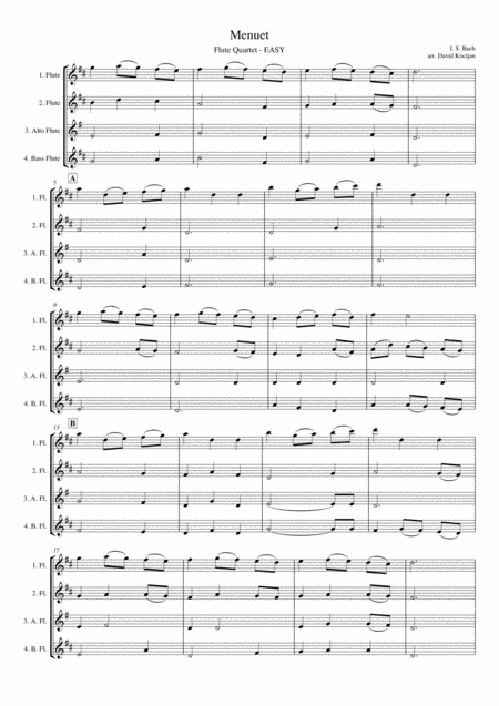 Free Sheet Music Bach Menuet Flute Quartet Easy