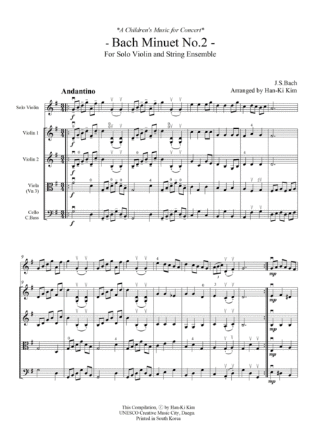 Bach Minuet No 2 For Solo Vn And Strings Sheet Music