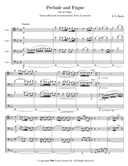 Bach Prelude And Fugue For Cello Suite No 5 For 4 Cellos Sheet Music