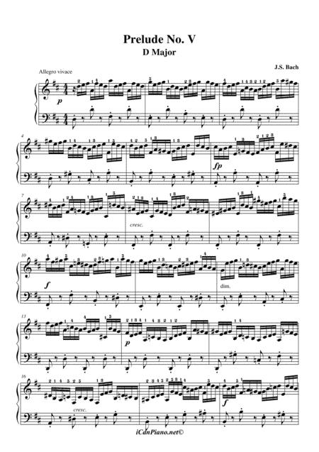 Bach Prelude No 5 In D Well Tempered Clavier Bwv 850 Sheet Music