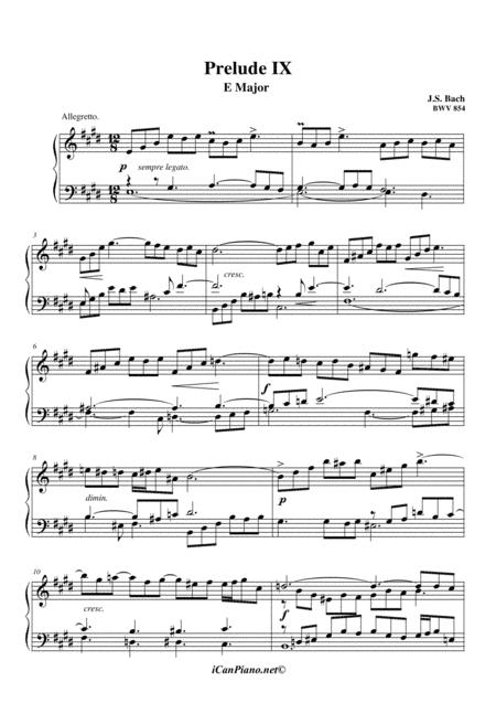 Free Sheet Music Bach Prelude No 9 In E Well Tempered Clavier Bwv 854