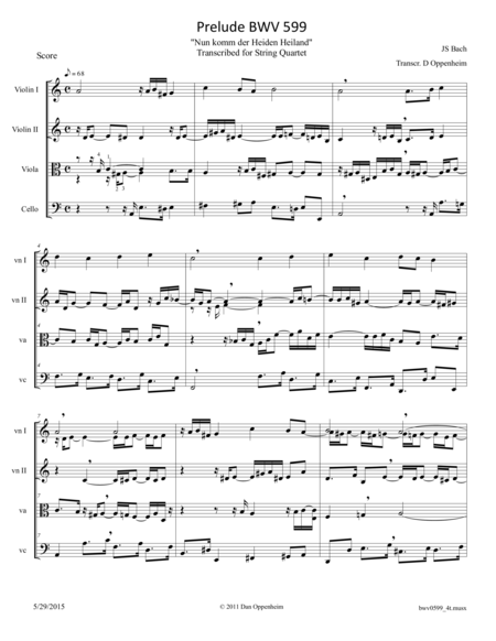 Free Sheet Music Bach Prelude Nun Komm Der Heiden Heiland Bwv 599 Transcribed For String Quartet