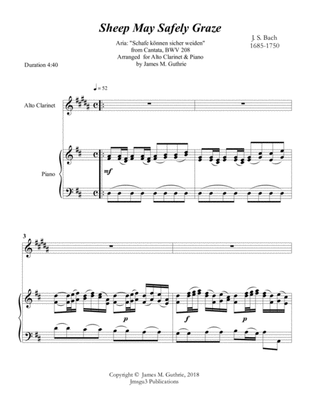 Free Sheet Music Bach Sheep May Safely Graze For Alto Clarinet Piano