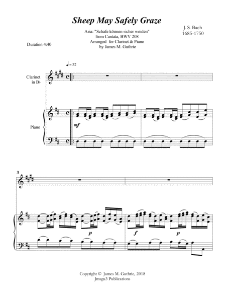 Free Sheet Music Bach Sheep May Safely Graze For Clarinet Piano