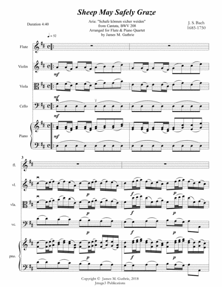 Bach Sheep May Safely Graze For Flute Piano Quartet Sheet Music