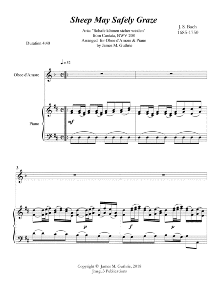 Free Sheet Music Bach Sheep May Safely Graze For Oboe D Amore Piano