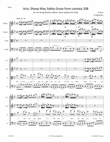 Free Sheet Music Bach Sheep May Safely Graze From Cantata 208 Arr For String Quartet Option Replace The Viola Part With Mezzo Soprano