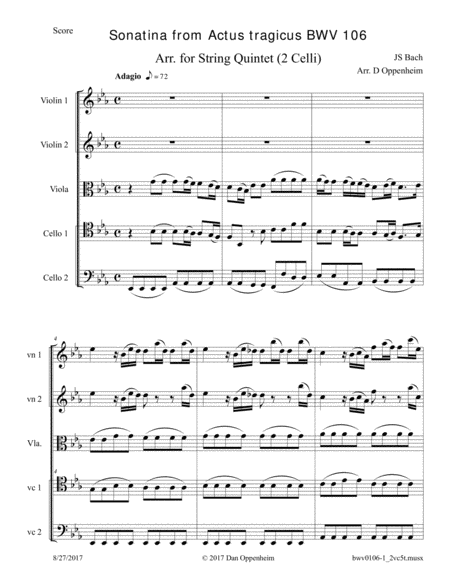 Bach Sonatina From Actus Tragicus Cantata Bwv 106 Arr For 2 Celli String Quintet Sheet Music