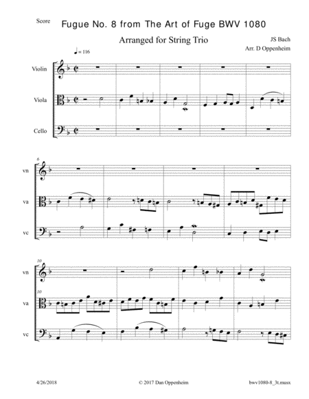 Free Sheet Music Bach The Art Of Fugue Bwv 1080 Fugue No 8 Arr For String Trio