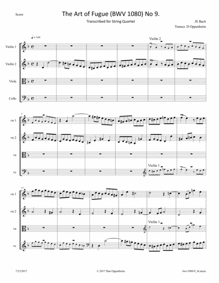 Free Sheet Music Bach The Art Of Fugue Bwv 1080 Fugue No 9 Arr For String Quartet