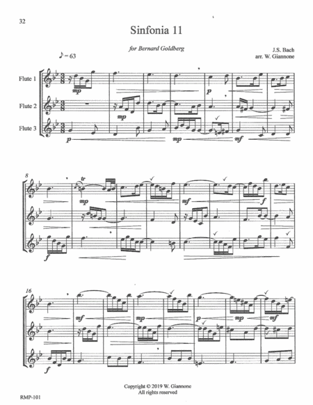 Bach Three Part Invention 11 For 3 Flutes Score Sheet Music