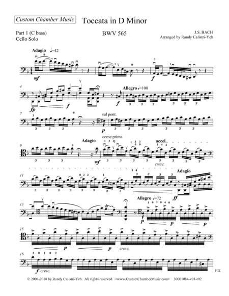 Bach Toccata In D Minor Bwv 565 Solo Cello Viola Or Violin Sheet Music