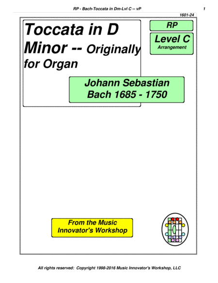 Bach Toccata In D Minor Level C Arr For Piano Key Map Tablature Sheet Music