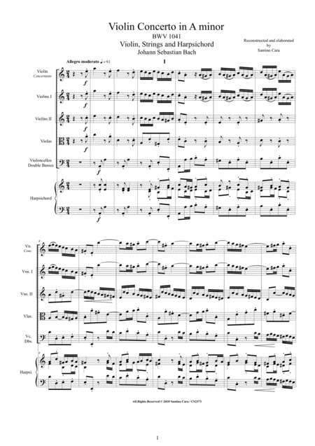 Free Sheet Music Bach Violin Concerto In A Minor Bwv 1041 For Violin Strings And Harpsichord