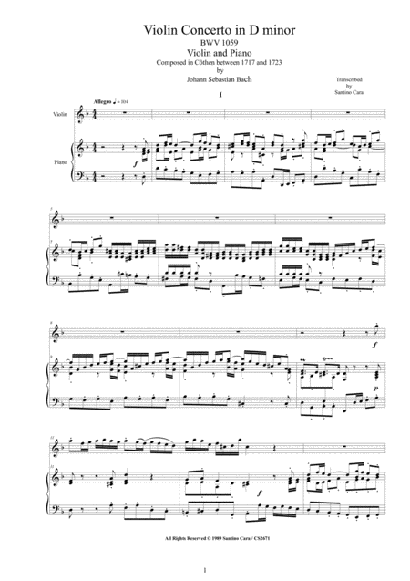 Bach Violin Concerto In D Minor Bwv 1059 For Violin And Piano Sheet Music