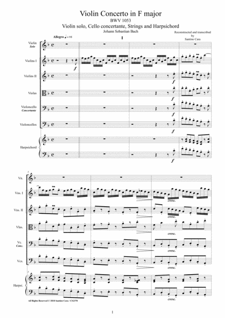 Bach Violin Concerto In F Major Bwv1053 For Violin Cello Strings And Harpsichord Sheet Music