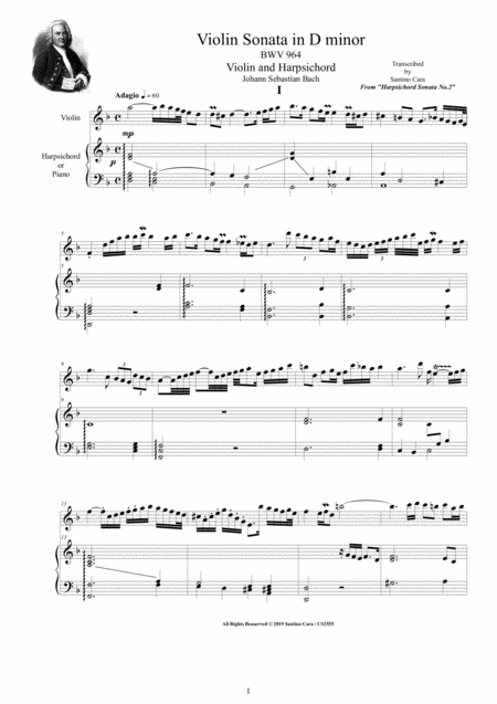 Bach Violin Sonata In D Minor Bwv 964 For Violin And Harpsichord Or Piano Sheet Music