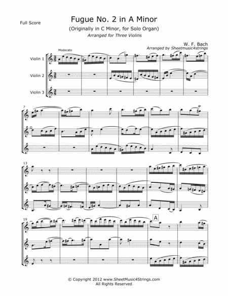 Bach W F Fugue No 2 For Three Violins Sheet Music