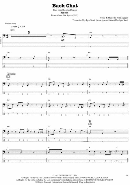 Free Sheet Music Back Chat Queen John Deacon Complete And Accurate Bass Transcription Whit Tab