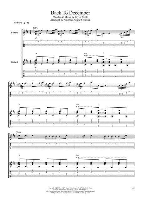 Free Sheet Music Back To December Fingerstyle Guitar Duet