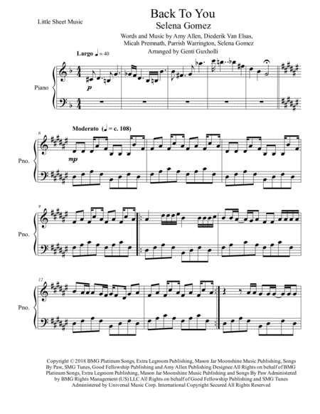 Back To You Piano Solo Sheet Music