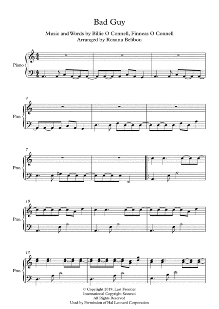 Free Sheet Music Bad Guy A Minor By Billie Eilish Piano