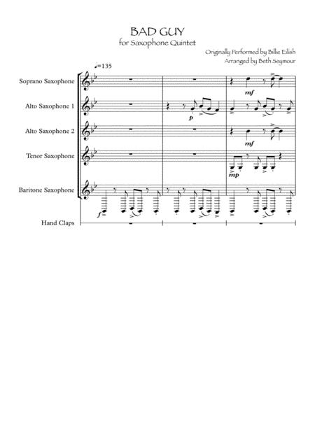 Bad Guy Billie Eilish For Saxophone Quintet Sheet Music