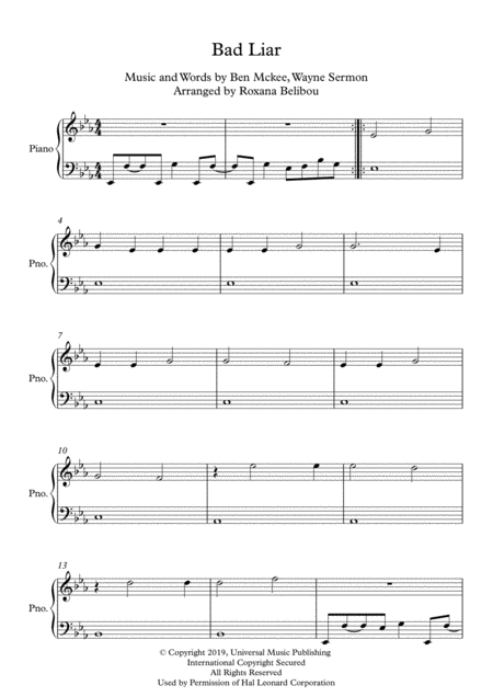 Free Sheet Music Bad Liar By Imagine Dragons Easy Piano