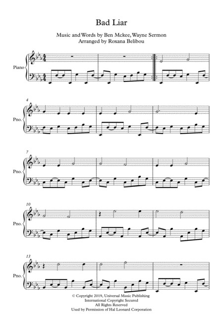 Bad Liar By Imagine Dragons Piano Sheet Music