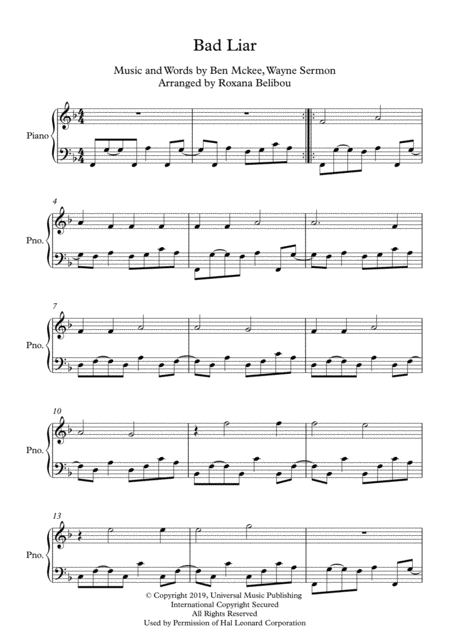 Free Sheet Music Bad Liar F Major By Imagine Dragons Piano