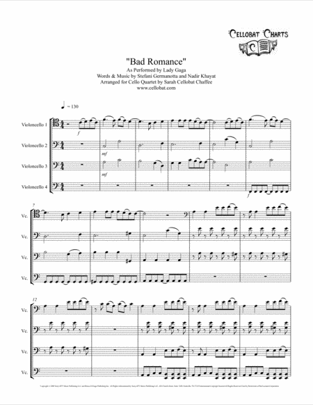 Bad Romance Cello Quartet Lady Gaga Arr Cellobat Recording Available Sheet Music