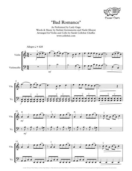 Free Sheet Music Bad Romance Violin Cello Duet Lady Gaga Arr Cellobat