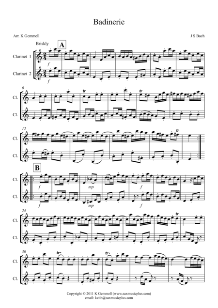 Free Sheet Music Badinerie Duet Clarinets